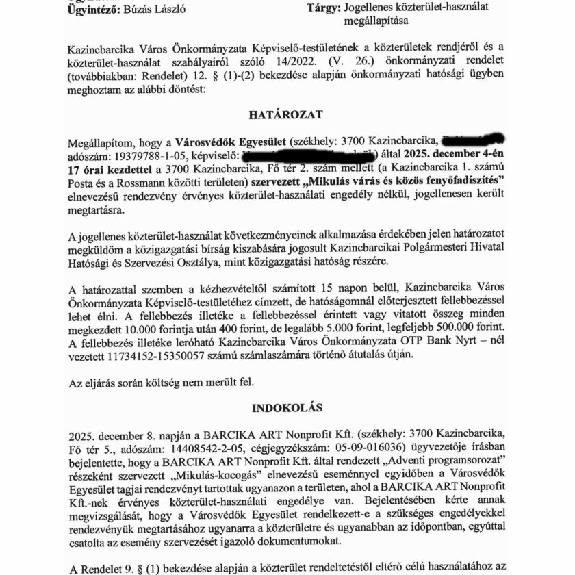 Közterület-használati bírságot kaptak az önkormányzattól a kazincbarcikai Városvédők a fenyőfadíszítés miatt