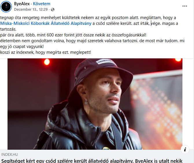ByeAlex is segített a csőd szélén álló miskolci állatvédőknek