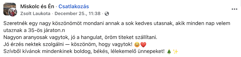 Karácsonyi köszöntéssel lepte meg utasait a miskolci buszsofőr