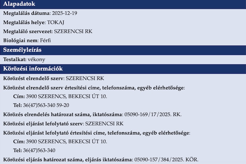 Személyazonosság nélküli rejtélyes holttest Tokajban – körözést adtak ki