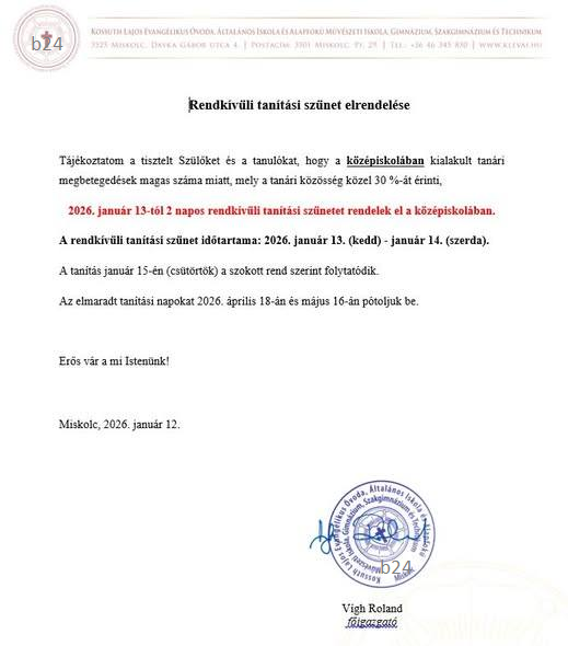 Tömeges megbetegedések miatt rendkívüli szünet egy miskolci iskolában