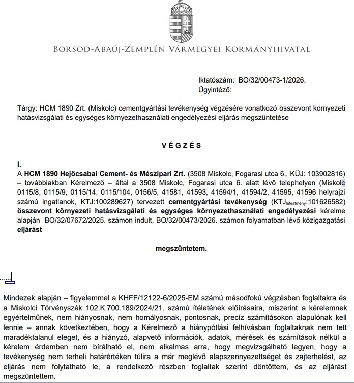 Ismét egy lépés hátra, egy ideig biztosan nem lesz cementgyár Miskolcon