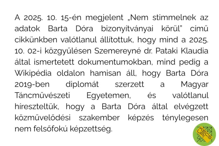 Helyreigazítás a „Nem stimmelnek az adatok Barta Dóra bizonyítványai körül” című cikkünk miatt