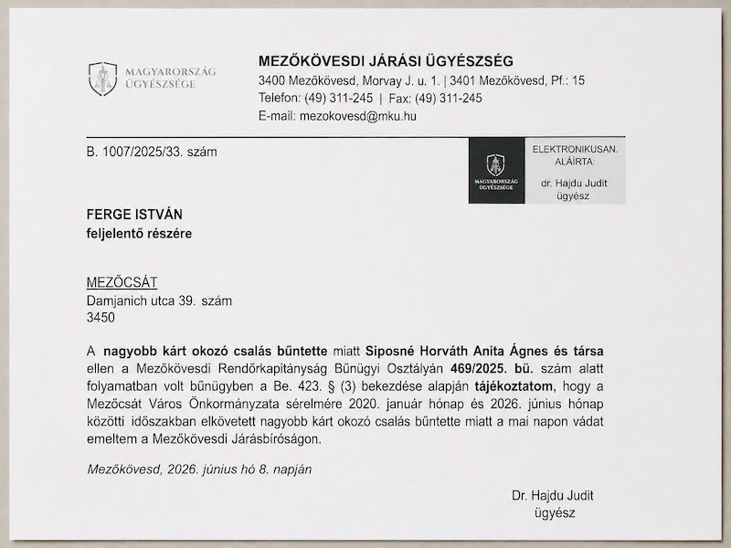 Vádat emeltek a mezőcsáti polgármester ellen – itt a nyelvvizsgapótlék-ügy újabb felvonása